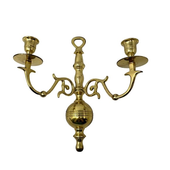 Vintage Brass Double Arm Wall Candle Holder MCM Hollywood Regency Decor 12 Inch - Picture 1 of 16